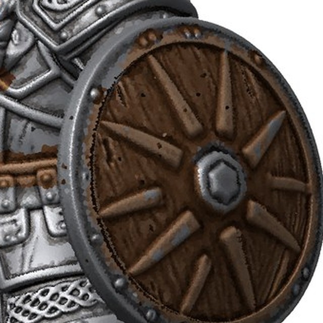 Close-up of the round wooden shield with silver boss, rim and spokes