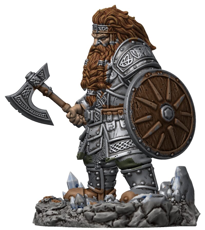 The finished figure sealed with matte varnish, wooden shield and silver axe, gloss on the eyes
